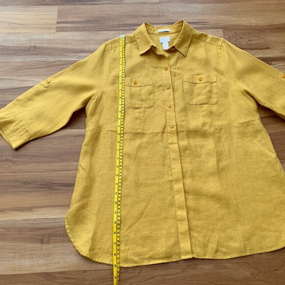 Chico’s 100% Linen 1/4 Button Front Tunic Shirt Top Yellow Size 12 Popover - Picture 3 of 11